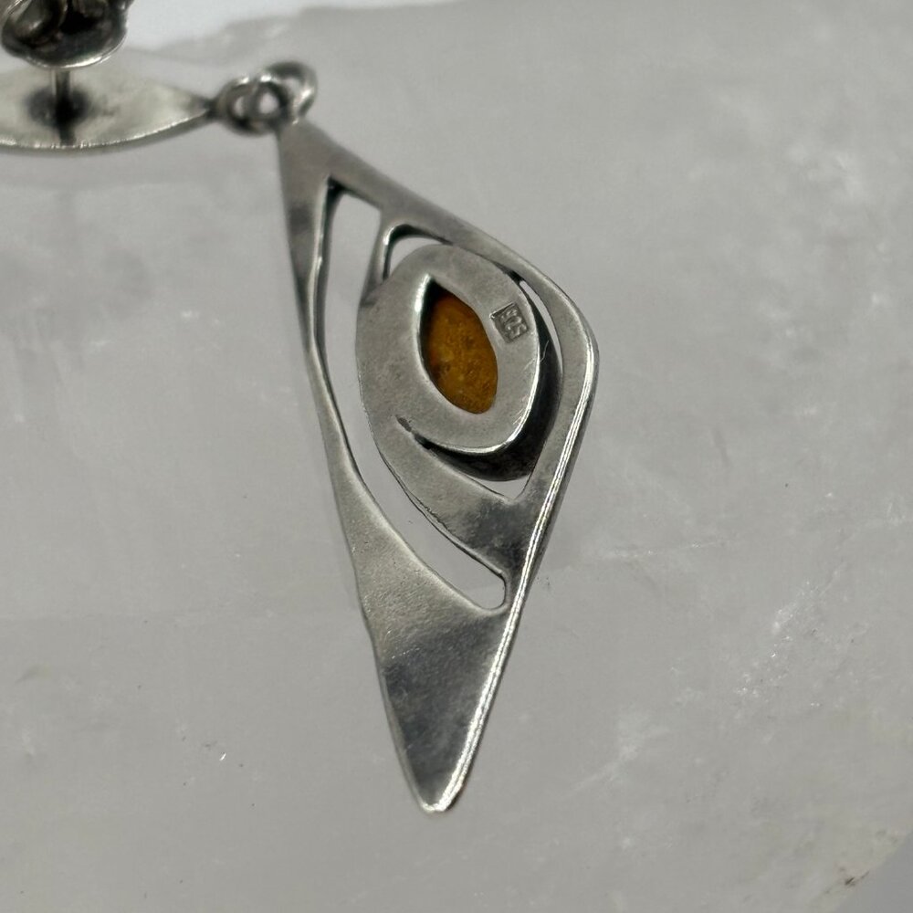 Vintage Handcrafted 925 Silver Dangle Earrings with Amber Stone - Picture 11 of 13